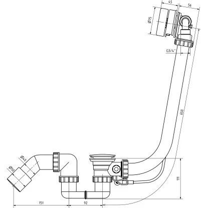 Ab- u. Überlaufgarnitur für Badewannen mit Wassereinlauf Chrom