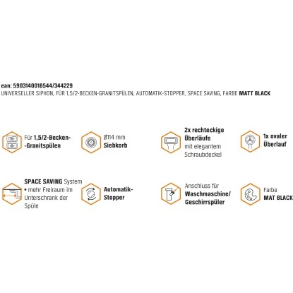 Miló Röhrensiphon-Set für Doppelbecken mit Exzenter Mattschwarz Ø 114 mm