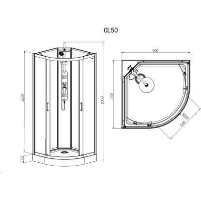Sanotechnik Komplettdusche Epic Rund Schwarz 235 cm x 90 cm x 90 cm